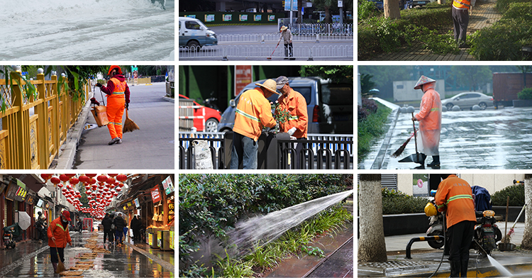 城市环卫工人洒水清扫清洁垃圾车绿化道路劳动者保洁街道视频素材