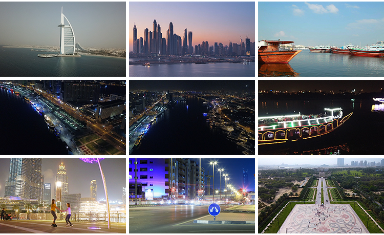 中东阿联酋迪拜城市建筑夜景风光交通街道帆船酒店航拍短视频素材