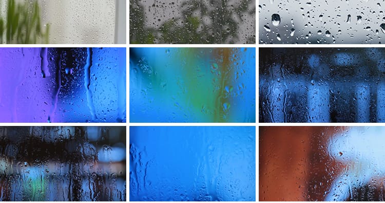 下雨唯美窗户玻璃上水珠滑动流动滑落雨珠治愈霓虹空境短视频素材