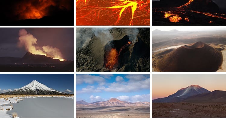 火山喷发岩浆飞溅冒烟雾火山口活火山坑爆发熔岩流动实拍视频素材