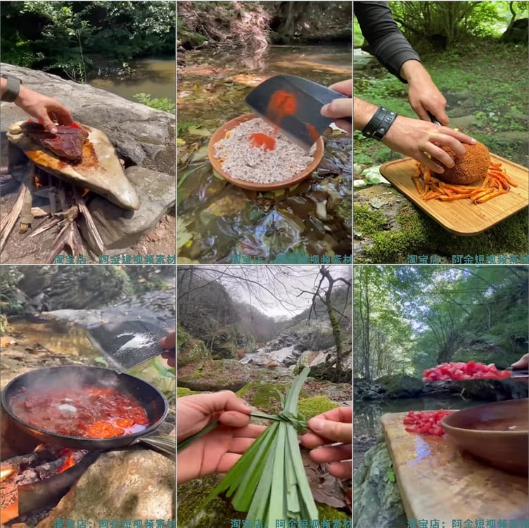 竖屏户外野外美食烹饪制作森林做菜国外高清解压视频小说推文素材