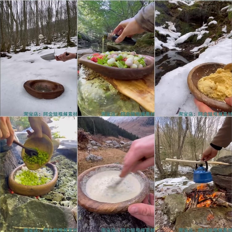 竖屏户外野外美食烹饪制作森林做菜国外高清解压视频小说推文素材