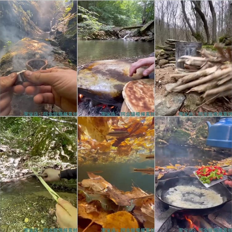 竖屏户外野外美食烹饪制作森林做菜国外高清解压视频小说推文素材