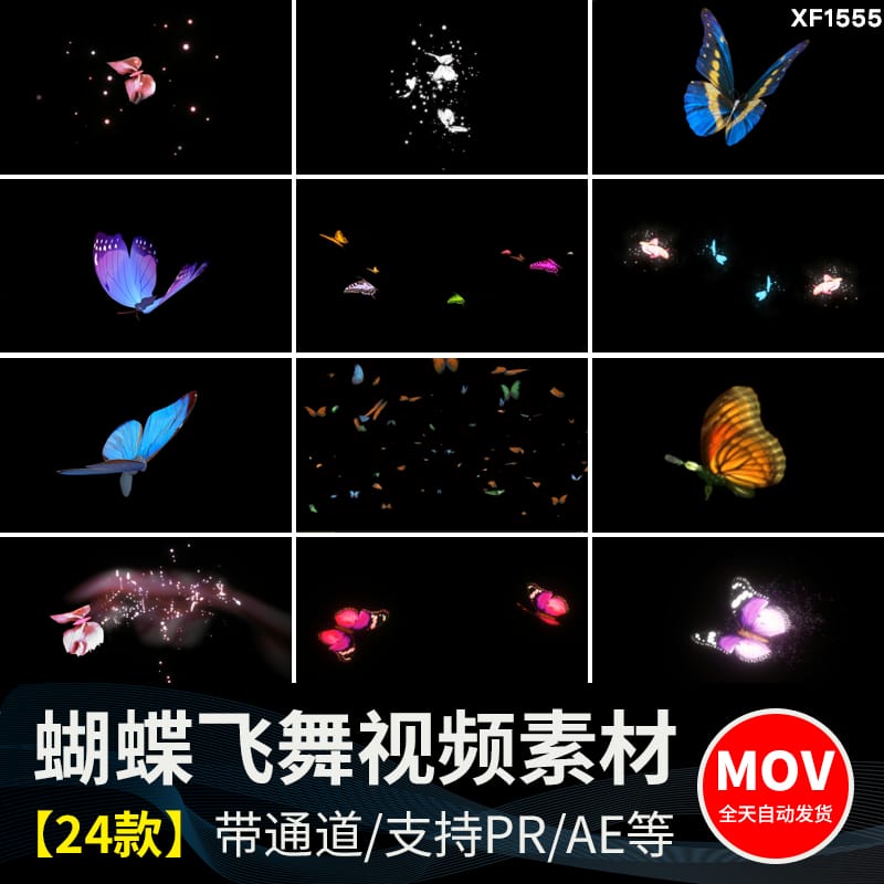 蝴蝶飞舞拖尾效果粒子后期特效合成动态pr_ae通道透明底视频素材