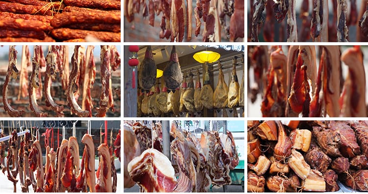 腊肉火腿腊肠灌肠烟熏香肠民间传统美食腌制晾晒实拍高清视频素材