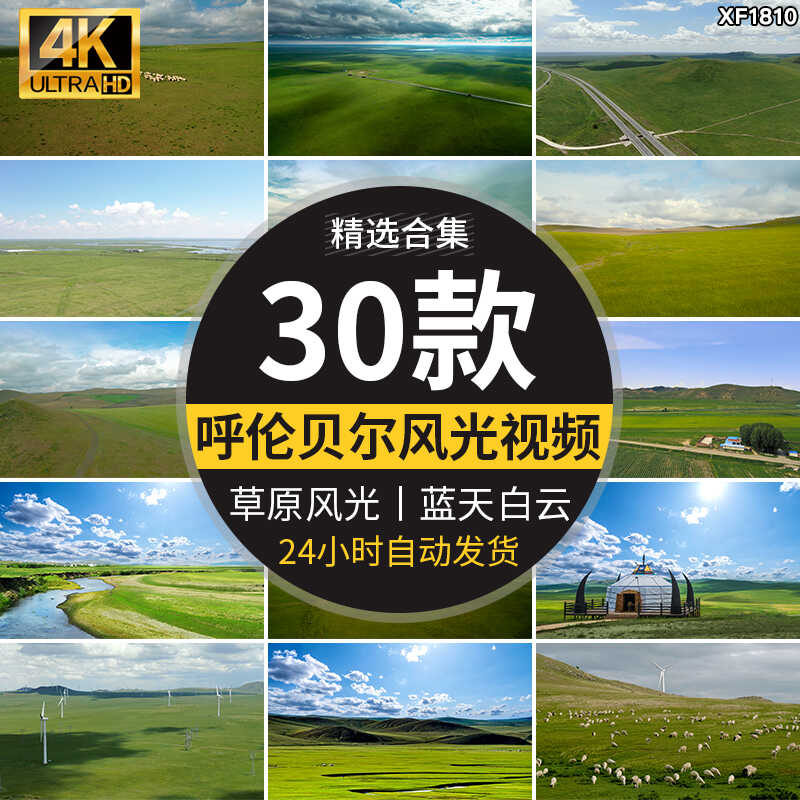 内蒙古呼伦贝尔风光大草原蓝天白云旅游风景高清航拍背景视频素材