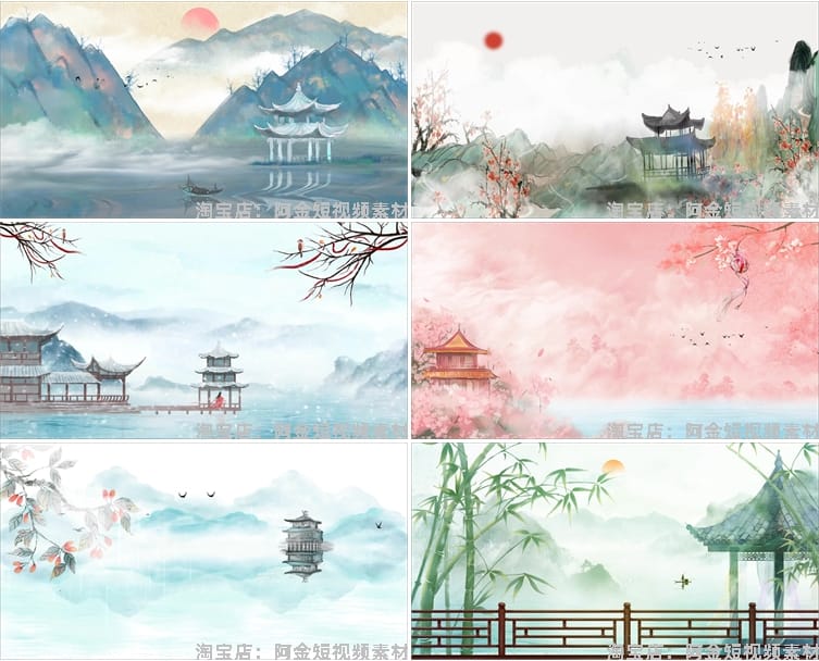 中国风古风水墨画山水亭子古典建筑绿幕直播背景素材舞台LED视频