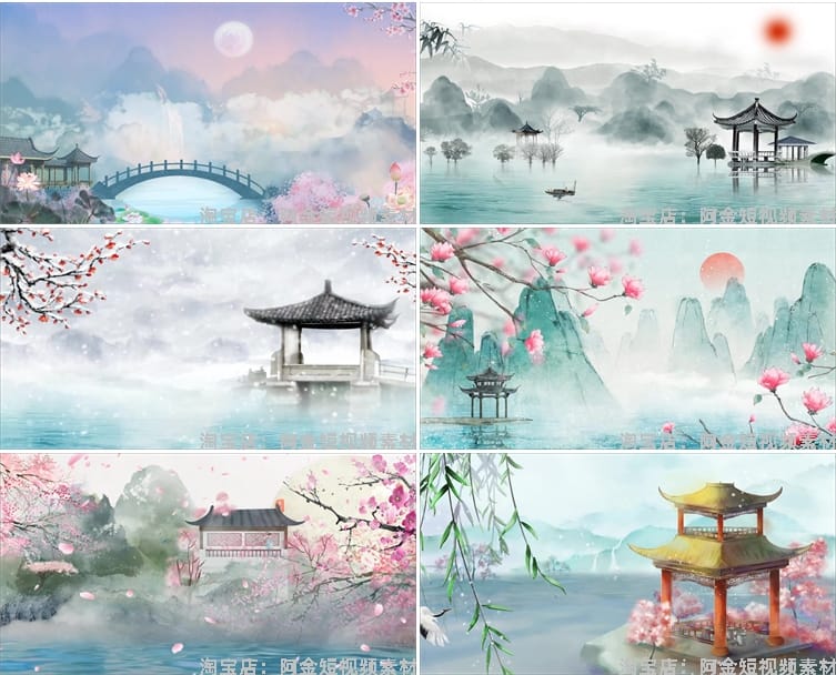 中国风古风水墨画山水亭子古典建筑绿幕直播背景素材舞台LED视频