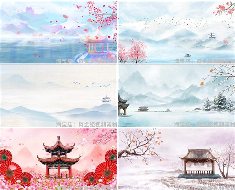 中国风古风水墨画山水亭子古典建筑绿幕直播背景素材舞台LED视频