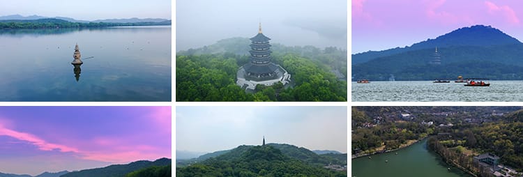 杭州西湖旅游风景点风光雷峰塔夕阳航拍延时高清实拍剪辑视频素材