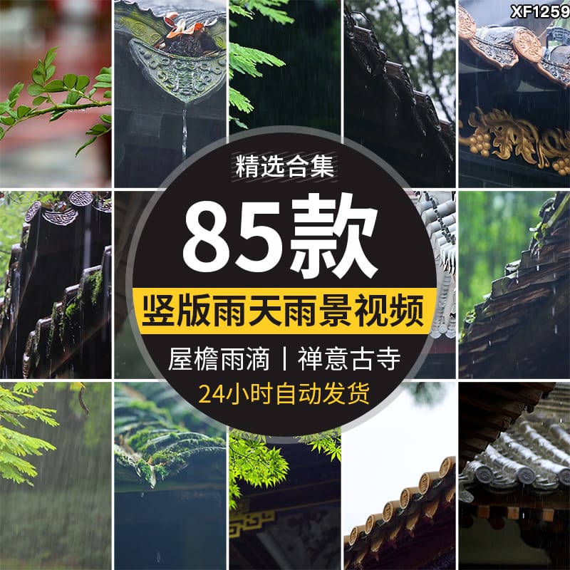 竖版竖屏禅意古风寺庙屋檐下雨天雨水滴落禅意佛系清新短视频素材