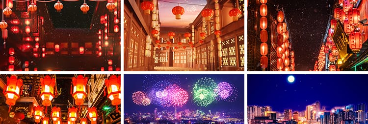 4K万家灯火灯卡通笼烟花城市街道新年夜景大屏幕LED背景视频素材