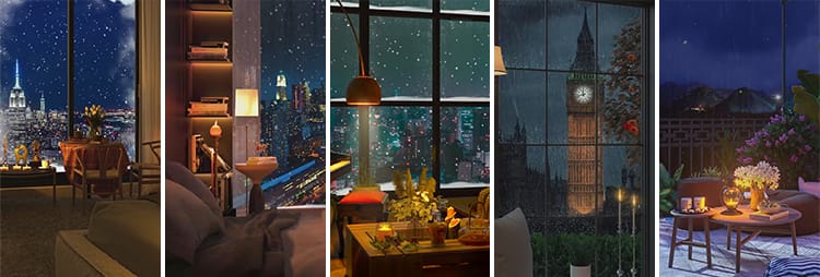 竖屏治愈系窗户窗外夜晚城市夜景风景下雨下雪直播助眠短视频素材