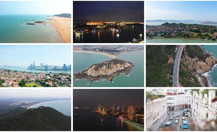 福建厦门城市建筑风光鼓浪屿旅游风景点双子塔夜景航拍短视频素材