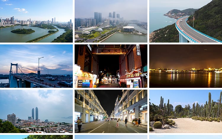 福建厦门城市建筑风光鼓浪屿旅游风景点双子塔夜景航拍短视频素材