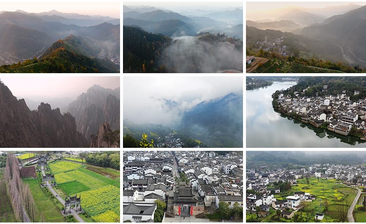 安徽黄山宏村水乡山村古镇建筑旅游景点黄山云雾延时摄影视频素材