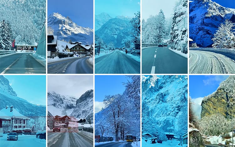 竖屏雪山雪景唯美冬季风景治愈系走拍开车视角旅途美景色视频素材
