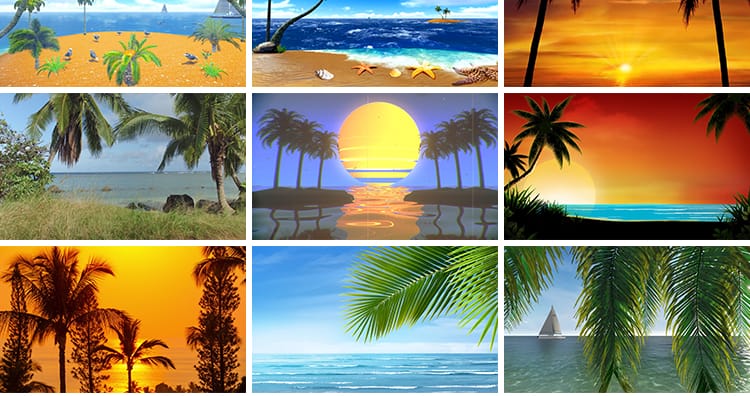 夏日阳光热带夏天清爽沙滩日落海洋浪花椰子椰树LED背景视频素材