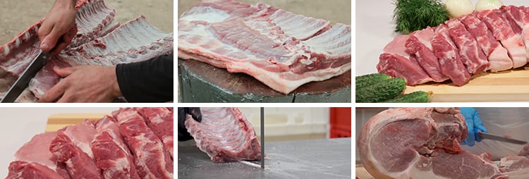 猪肉五花肉切肉肉类新鲜食材分割鲜肉排骨卖猪肉高清实拍视频素材