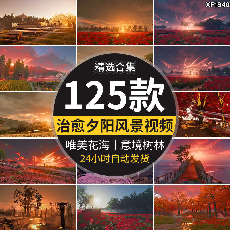 治愈系风景色唯美花海夕阳意境树林自媒体快手抖音动态短视频素材