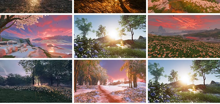 治愈系风景色唯美花海夕阳意境树林自媒体快手抖音动态短视频素材