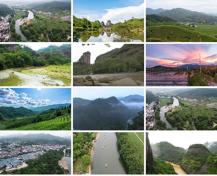 航拍福建武夷山茶园九曲溪竹筏云雾天游峰风光景观地标短视频素材