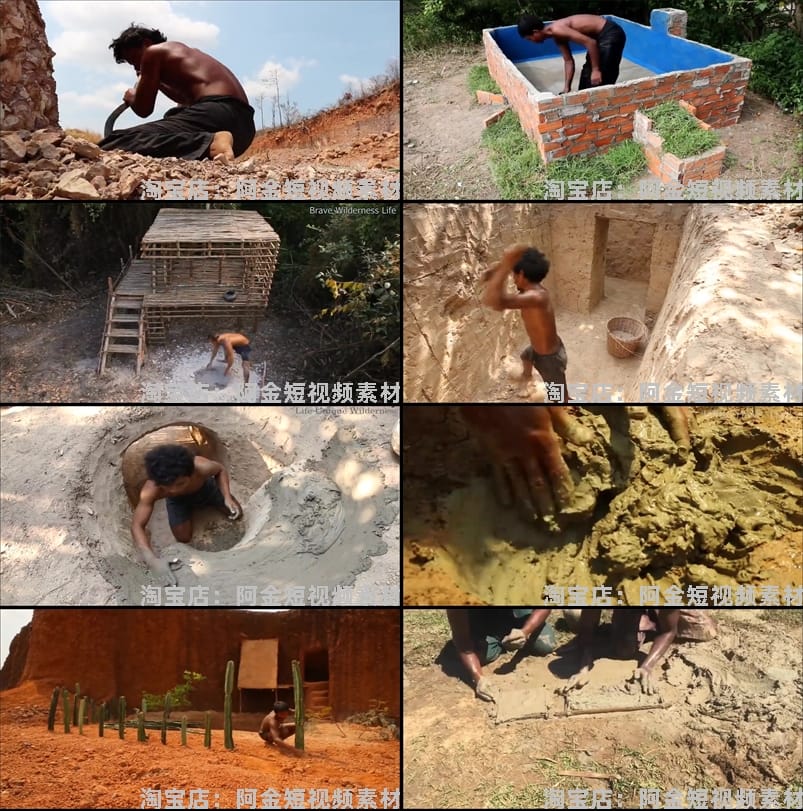 丛林生活野外建造房子别墅国外户外场景荒野生存横屏中长视频素材