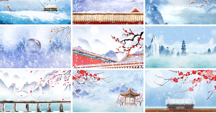 冬天雪景寒冬红梅古风冬日下雪大雪花飘落中国风山水LED视频素材