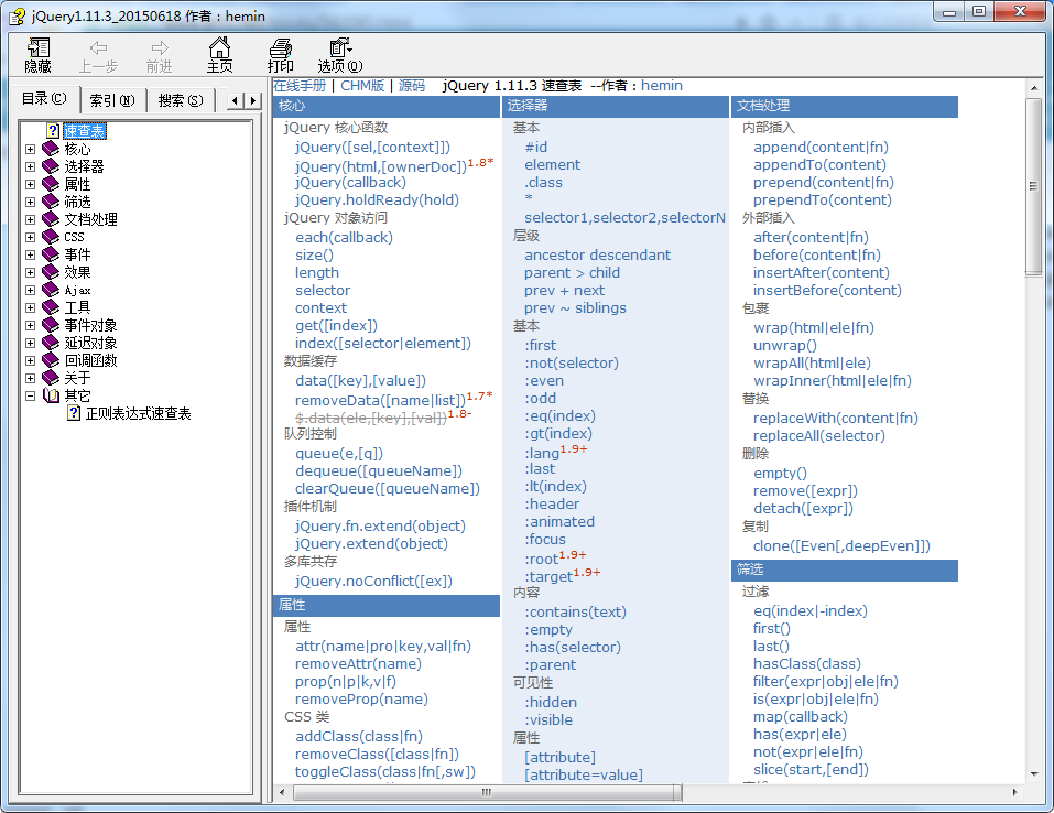 jQuery API 3.1.0（jQuery 中文手册 1.11.3） 速查表 Shifone_前端开发教程