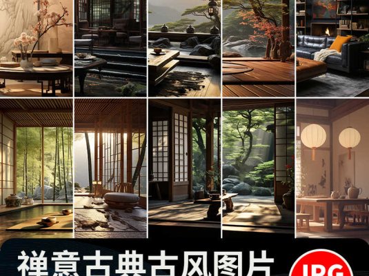 中国风复古茶室禅意古风意境室内窗外风景虚拟直播间背景图片素材